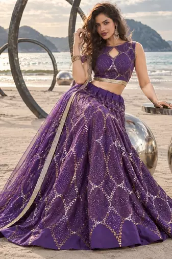 PURPLE NET THREAD WITH ZARI AND SEQUINCE WORK FESTIVE LEHENGA CHOLI SET FOR WOMEN'S