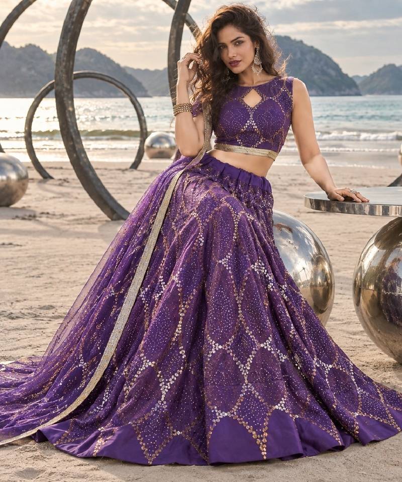 PURPLE NET THREAD WITH ZARI AND SEQUINCE WORK FESTIVE LEHENGA CHOLI SET FOR WOMEN'S