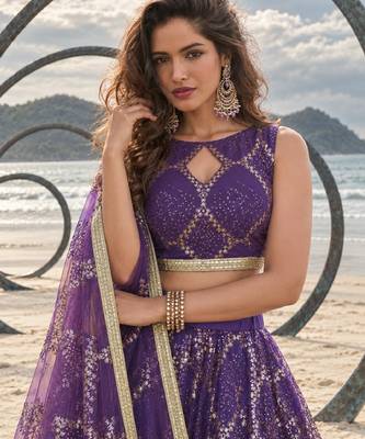 PURPLE NET THREAD WITH ZARI AND SEQUINCE WORK FESTIVE LEHENGA CHOLI SET FOR WOMEN'S 5