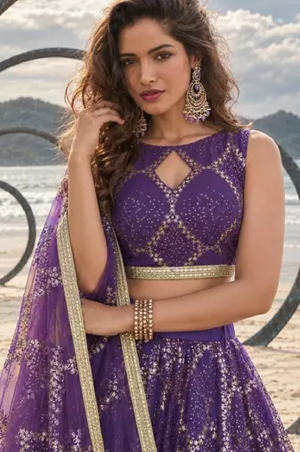 PURPLE NET THREAD WITH ZARI AND SEQUINCE WORK FESTIVE LEHENGA CHOLI SET FOR WOMEN'S