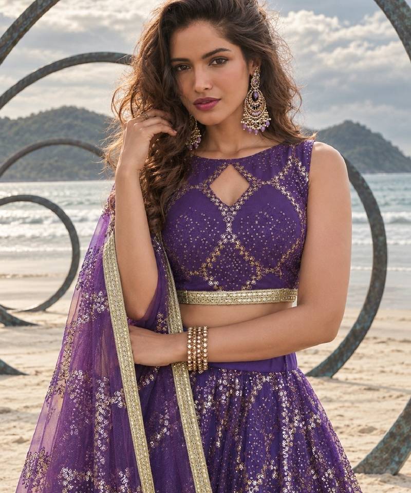 PURPLE NET THREAD WITH ZARI AND SEQUINCE WORK FESTIVE LEHENGA CHOLI SET FOR WOMEN'S
