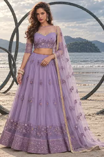 LAVENDER NET THREAD WITH ZARI AND SEQUINCE WORK FESTIVE LEHENGA CHOLI SET FOR WOMEN'S
