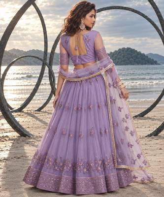 LAVENDER NET THREAD WITH ZARI AND SEQUINCE WORK FESTIVE LEHENGA CHOLI SET FOR WOMEN'S 2