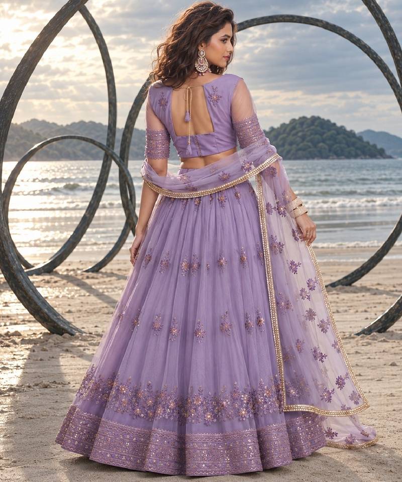 LAVENDER NET THREAD WITH ZARI AND SEQUINCE WORK FESTIVE LEHENGA CHOLI SET FOR WOMEN'S