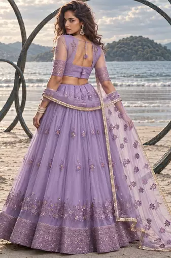 LAVENDER NET THREAD WITH ZARI AND SEQUINCE WORK FESTIVE LEHENGA CHOLI SET FOR WOMEN'S
