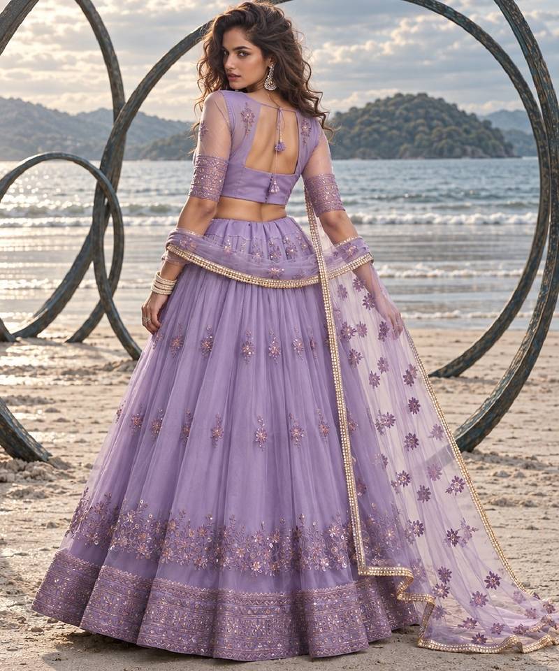 LAVENDER NET THREAD WITH ZARI AND SEQUINCE WORK FESTIVE LEHENGA CHOLI SET FOR WOMEN'S