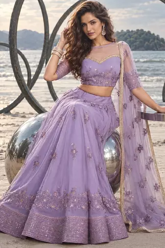LAVENDER NET THREAD WITH ZARI AND SEQUINCE WORK FESTIVE LEHENGA CHOLI SET FOR WOMEN'S