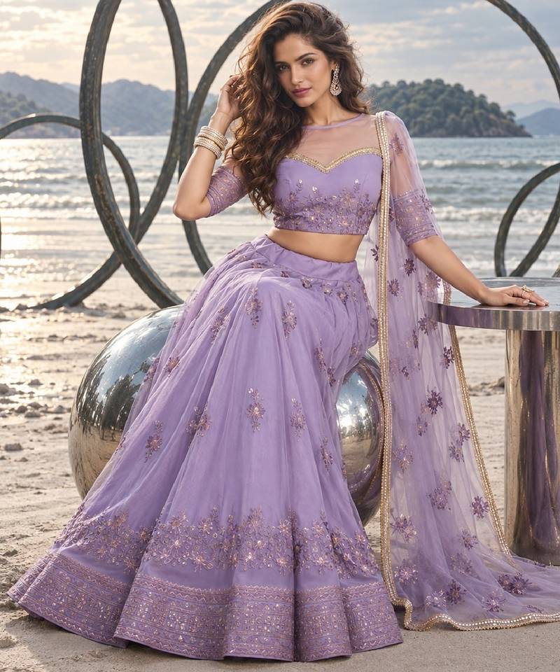 LAVENDER NET THREAD WITH ZARI AND SEQUINCE WORK FESTIVE LEHENGA CHOLI SET FOR WOMEN'S