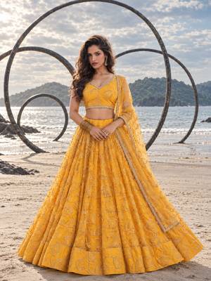 YELLOW NET THREAD WITH ZARI AND SEQUINCE WORK FESTIVE LEHENGA CHOLI SET FOR WOMEN'S 1