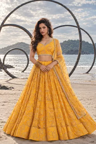 YELLOW NET THREAD WITH ZARI AND SEQUINCE WORK FESTIVE LEHENGA CHOLI SET FOR WOMEN'S