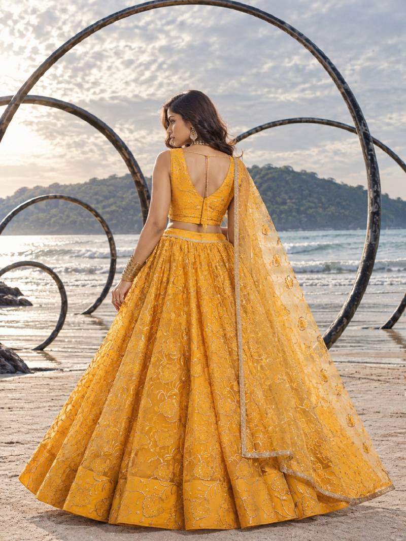 YELLOW NET THREAD WITH ZARI AND SEQUINCE WORK FESTIVE LEHENGA CHOLI SET FOR WOMEN'S