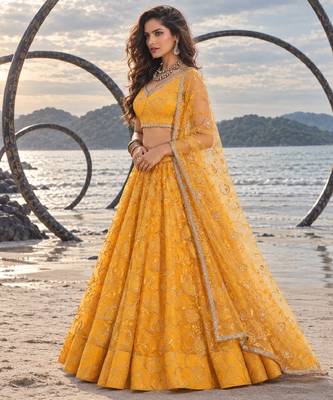 YELLOW NET THREAD WITH ZARI AND SEQUINCE WORK FESTIVE LEHENGA CHOLI SET FOR WOMEN'S 3