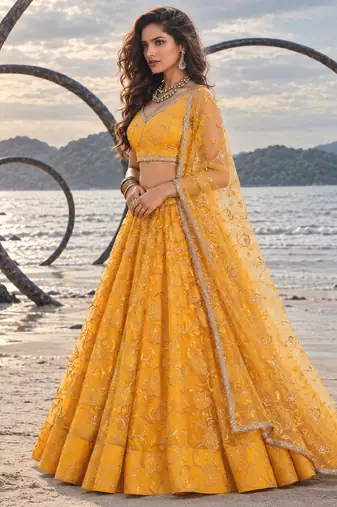 YELLOW NET THREAD WITH ZARI AND SEQUINCE WORK FESTIVE LEHENGA CHOLI SET FOR WOMEN'S