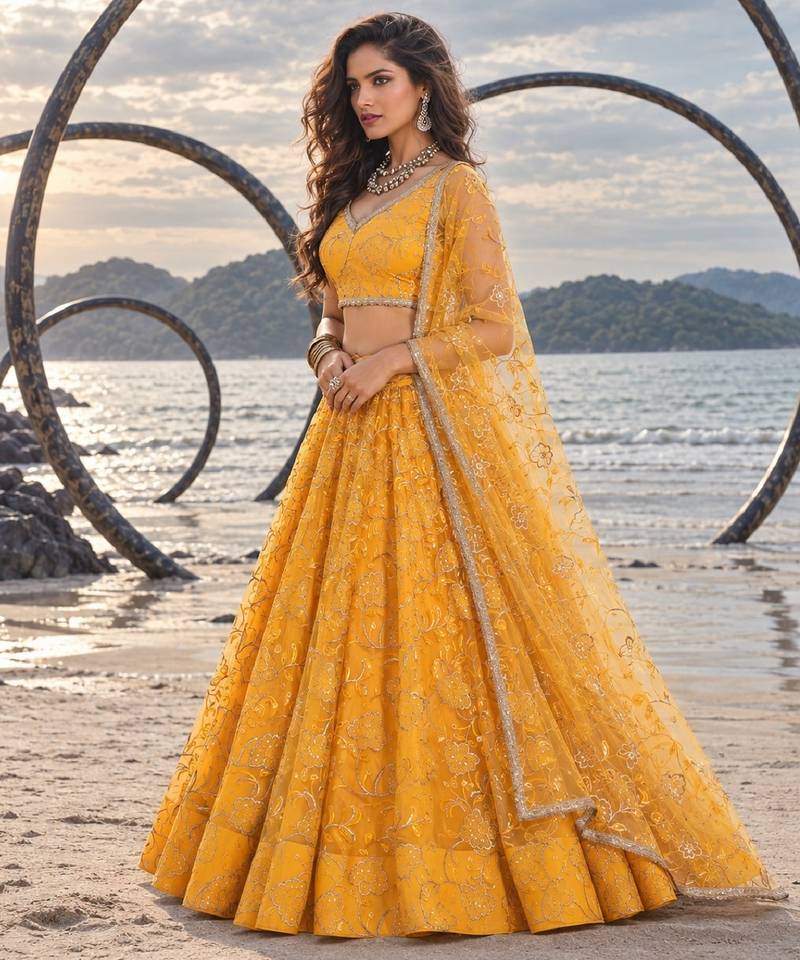 YELLOW NET THREAD WITH ZARI AND SEQUINCE WORK FESTIVE LEHENGA CHOLI SET FOR WOMEN'S