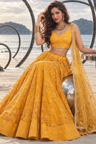 YELLOW NET THREAD WITH ZARI AND SEQUINCE WORK FESTIVE LEHENGA CHOLI SET FOR WOMEN'S
