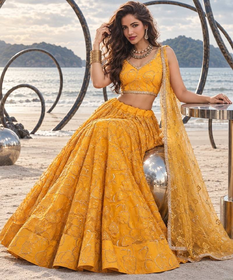 YELLOW NET THREAD WITH ZARI AND SEQUINCE WORK FESTIVE LEHENGA CHOLI SET FOR WOMEN'S
