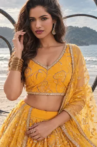 YELLOW NET THREAD WITH ZARI AND SEQUINCE WORK FESTIVE LEHENGA CHOLI SET FOR WOMEN'S