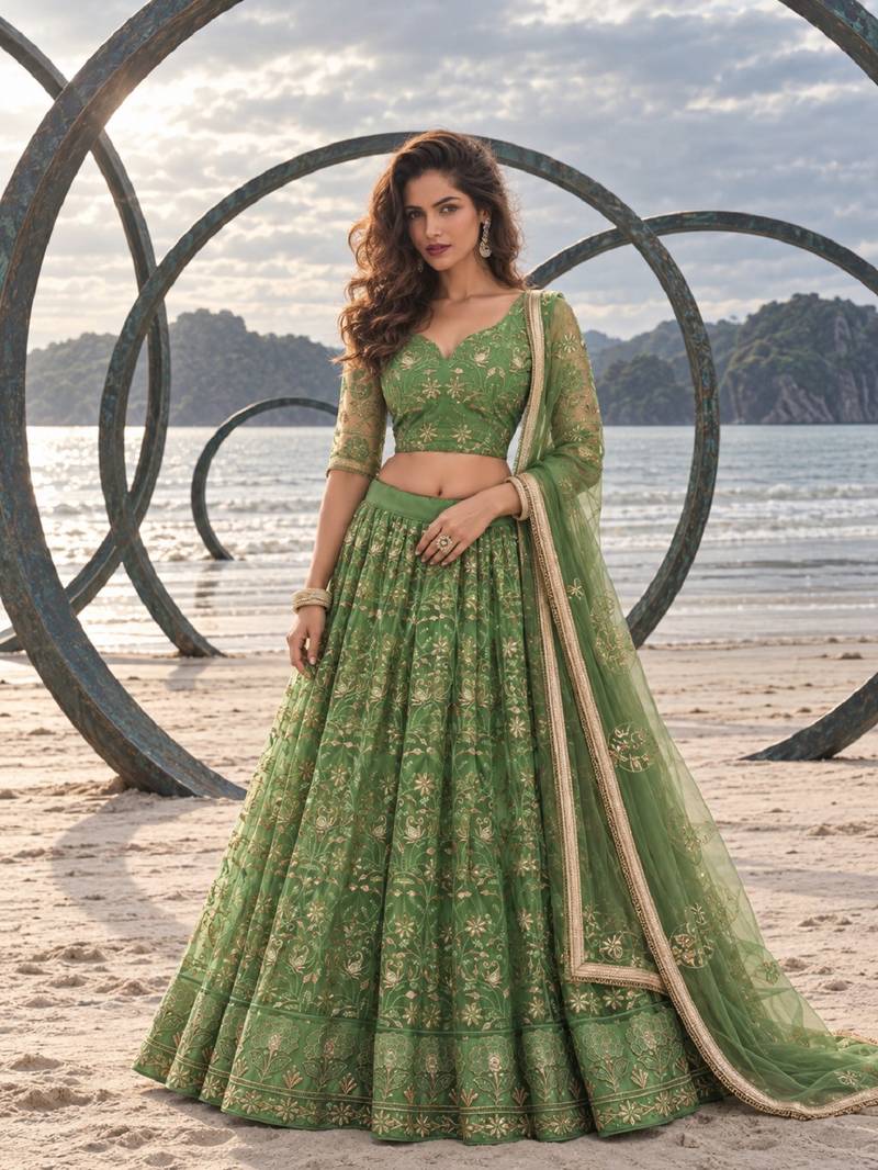 PISTA GREEN NET THREAD WITH ZARI AND SEQUIN WORK FESTIVE LEHENGA CHOLI