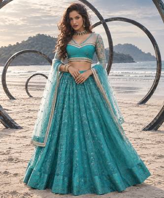 RAMA GREEN NET THREAD WITH ZARI AND SEQUINCE WORK FESTIVE LEHENGA CHOLI SET FOR WOMEN'S 1
