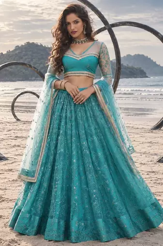 RAMA GREEN NET THREAD WITH ZARI AND SEQUINCE WORK FESTIVE LEHENGA CHOLI SET FOR WOMEN'S