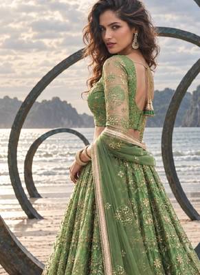 PISTA GREEN NET THREAD WITH ZARI AND SEQUIN WORK FESTIVE LEHENGA CHOLI 3
