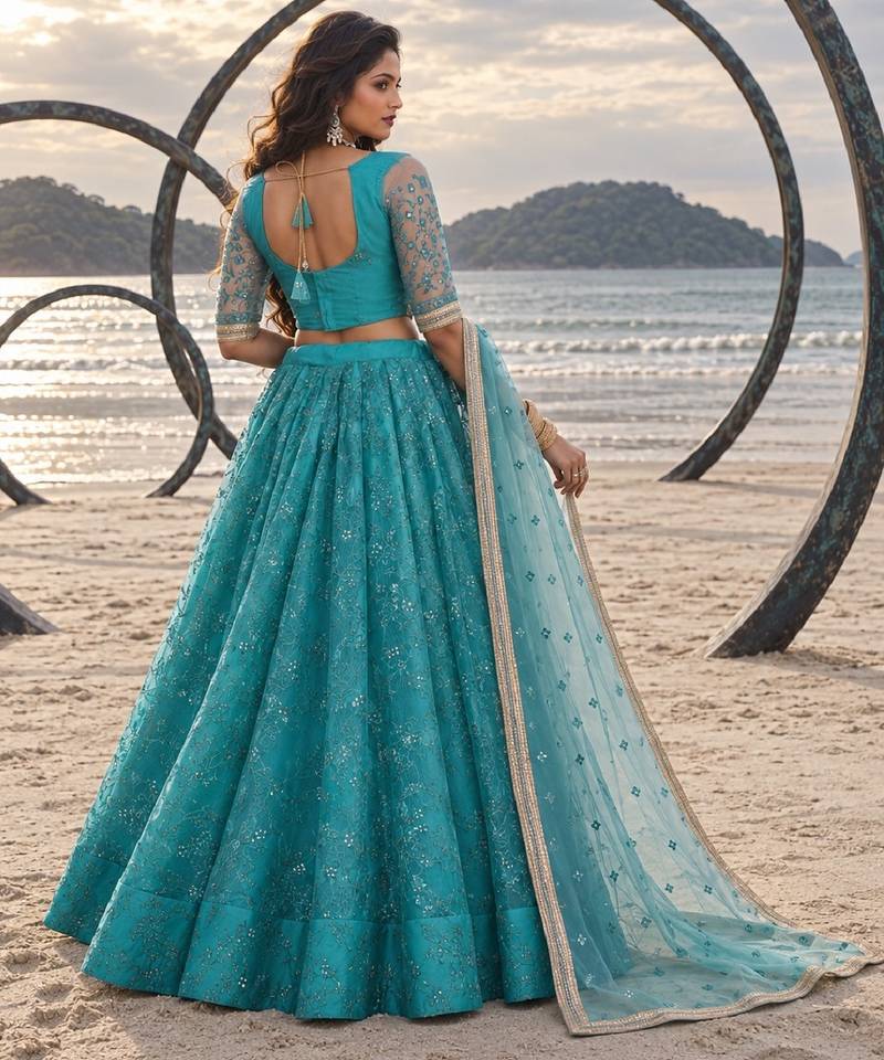 RAMA GREEN NET THREAD WITH ZARI AND SEQUINCE WORK FESTIVE LEHENGA CHOLI SET FOR WOMEN'S