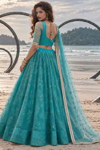 RAMA GREEN NET THREAD WITH ZARI AND SEQUINCE WORK FESTIVE LEHENGA CHOLI SET FOR WOMEN'S
