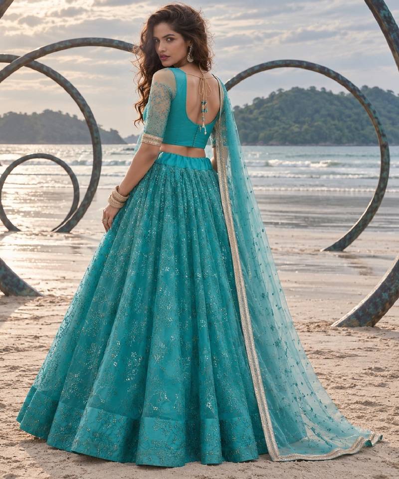 RAMA GREEN NET THREAD WITH ZARI AND SEQUINCE WORK FESTIVE LEHENGA CHOLI SET FOR WOMEN'S