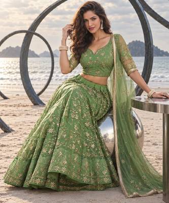 PISTA GREEN NET THREAD WITH ZARI AND SEQUIN WORK FESTIVE LEHENGA CHOLI 4