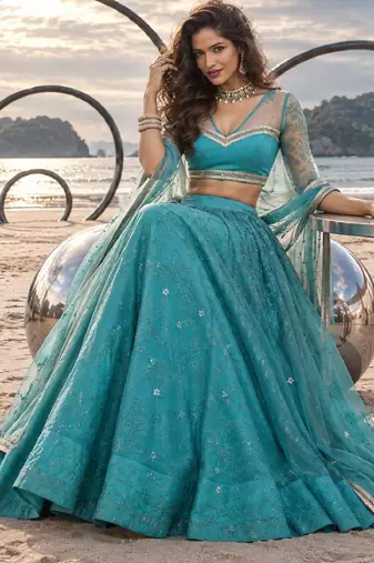RAMA GREEN NET THREAD WITH ZARI AND SEQUINCE WORK FESTIVE LEHENGA CHOLI SET FOR WOMEN'S