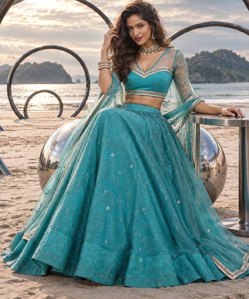RAMA GREEN NET THREAD WITH ZARI AND SEQUINCE WORK FESTIVE LEHENGA CHOLI SET FOR WOMEN'S