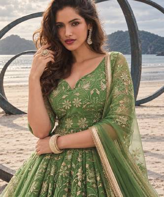 PISTA GREEN NET THREAD WITH ZARI AND SEQUIN WORK FESTIVE LEHENGA CHOLI 5