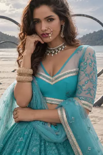 RAMA GREEN NET THREAD WITH ZARI AND SEQUINCE WORK FESTIVE LEHENGA CHOLI SET FOR WOMEN'S