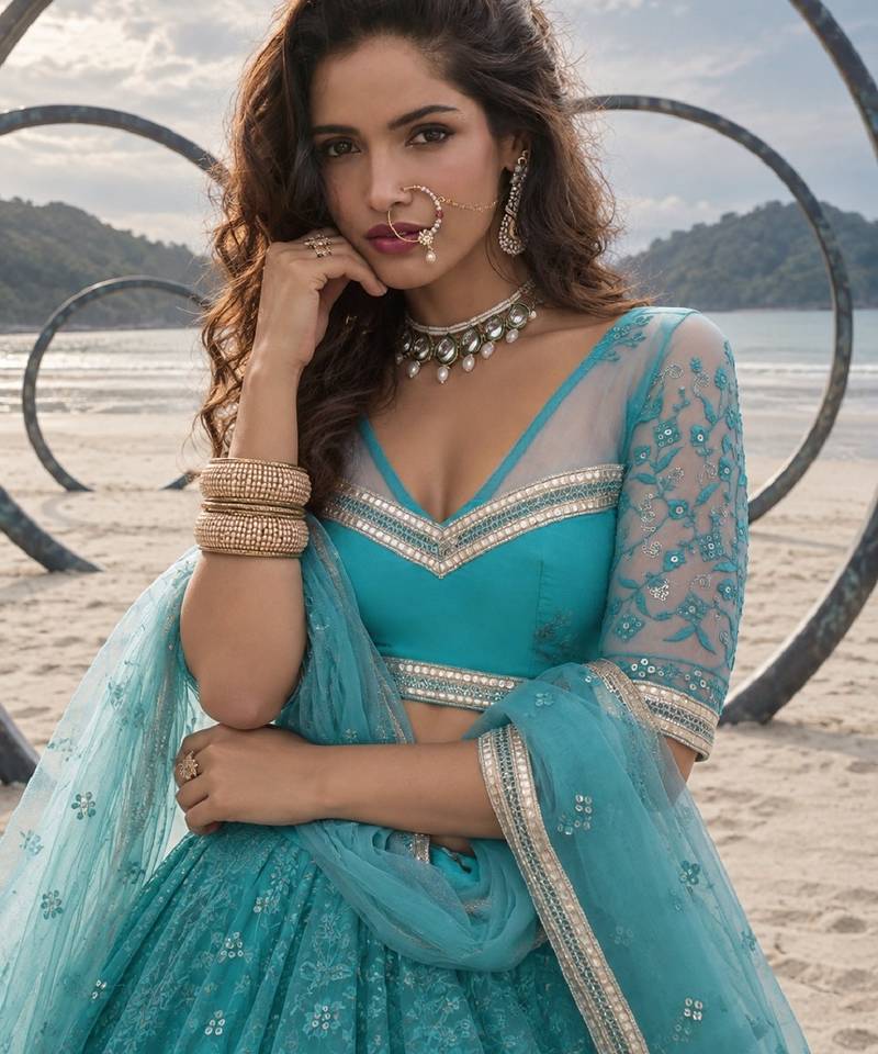 RAMA GREEN NET THREAD WITH ZARI AND SEQUINCE WORK FESTIVE LEHENGA CHOLI SET FOR WOMEN'S