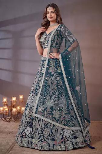Shiny Blue Thread Work Net Sangeet Wear Lehenga Choli With Dupatta
