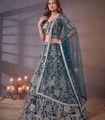 Shiny Blue Thread Work Net Sangeet Wear Lehenga Choli With Dupatta
