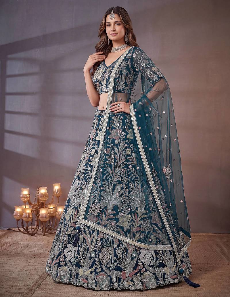Shiny Blue Thread Work Net Sangeet Wear Lehenga Choli With Dupatta