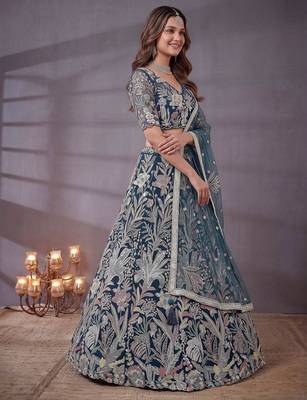 Shiny Blue Thread Work Net Sangeet Wear Lehenga Choli With Dupatta 2