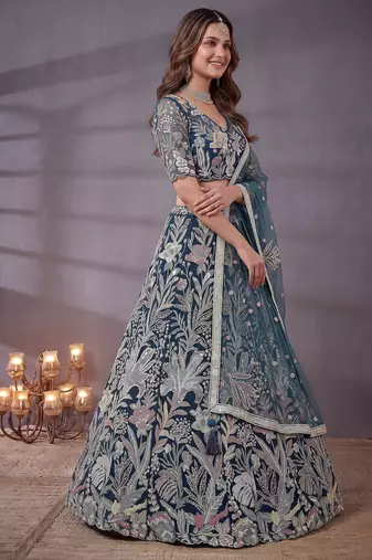Shiny Blue Thread Work Net Sangeet Wear Lehenga Choli With Dupatta