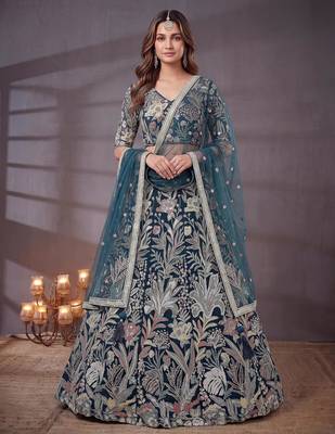 Shiny Blue Thread Work Net Sangeet Wear Lehenga Choli With Dupatta 3