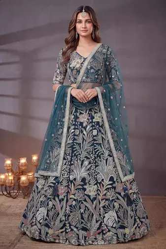 Shiny Blue Thread Work Net Sangeet Wear Lehenga Choli With Dupatta