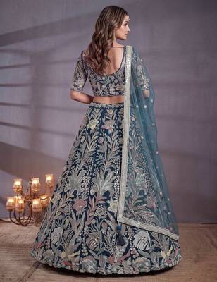 Shiny Blue Thread Work Net Sangeet Wear Lehenga Choli With Dupatta 4