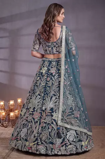 Shiny Blue Thread Work Net Sangeet Wear Lehenga Choli With Dupatta