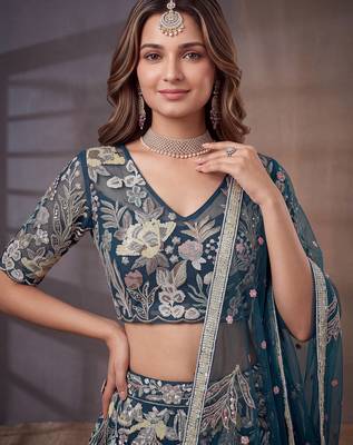 Shiny Blue Thread Work Net Sangeet Wear Lehenga Choli With Dupatta 5