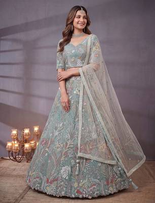 Notable Sky Blue Floral Embroidery Net Wedding Wear Lehenga With Blouse 1