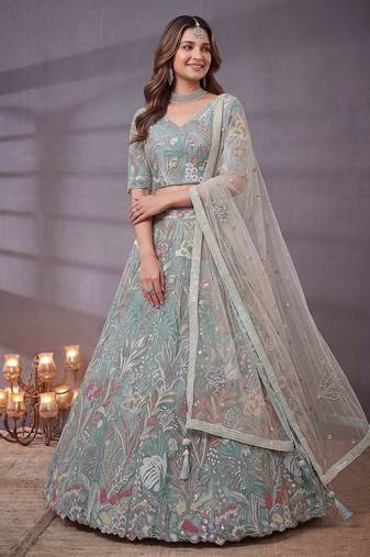 Notable Sky Blue Floral Embroidery Net Wedding Wear Lehenga With Blouse