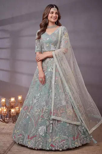 Notable Sky Blue Floral Embroidery Net Wedding Wear Lehenga With Blouse