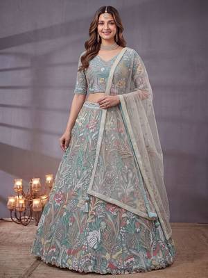Notable Sky Blue Floral Embroidery Net Wedding Wear Lehenga With Blouse 2
