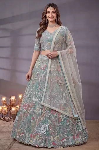 Notable Sky Blue Floral Embroidery Net Wedding Wear Lehenga With Blouse