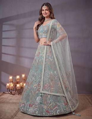 Notable Sky Blue Floral Embroidery Net Wedding Wear Lehenga With Blouse 3